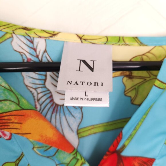 Natori Aqua Blue Lotus Flower V-neck Satin Caftan Pullover Pockets Muumuu L - Picture 4 of 9